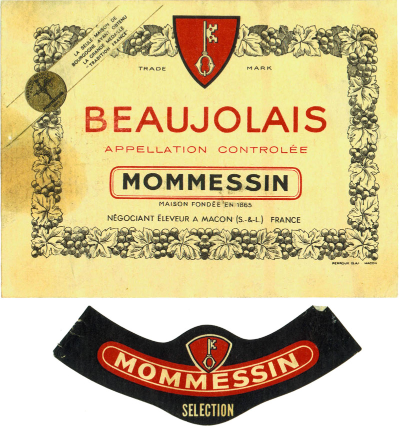 Этикетка на французское вино Beaujolais Mommessin.